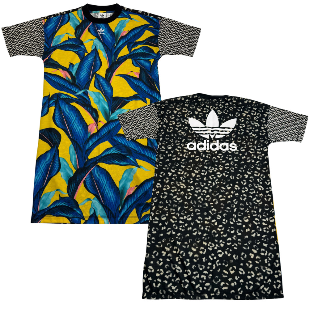 Adidas Dress Womens XS Yellow Floral Leaf Print Trefoil Logo